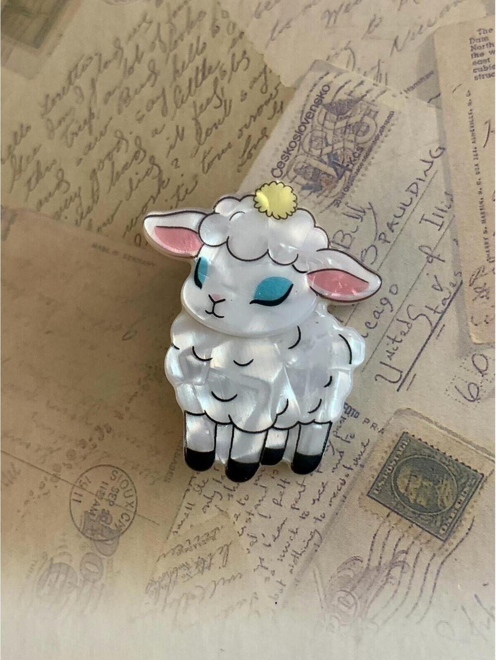 Cute Pearlescent Acrylic Lamb Sheep Novelty Statement Brooch Pin
